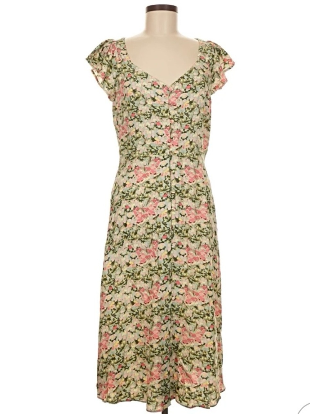 Floral V-Neck Midi Dress in Pink and Green by Loft